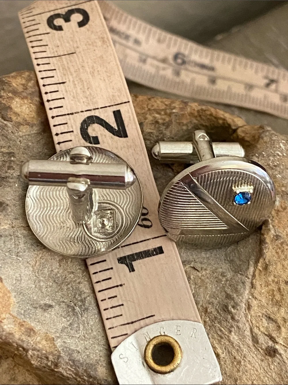 Vintage Silver Tone Round Cufflinks with Blue  Crystals